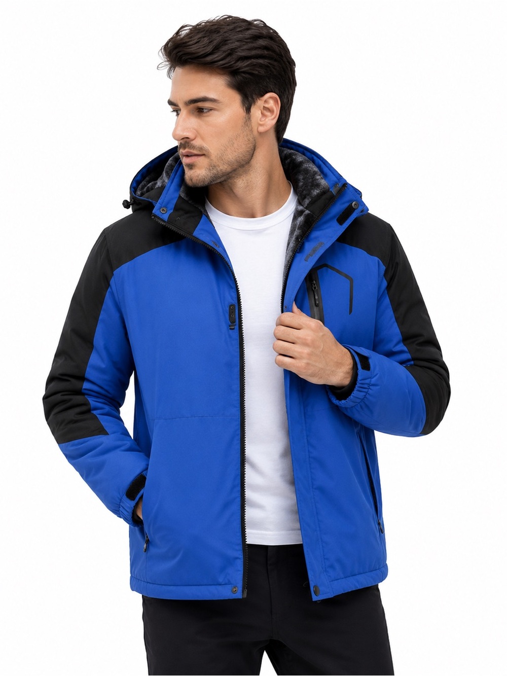 Men’s Heated Waterproof Hooded Jacket‎ Blue Fur Lined Father’s Day Gift XL Luxe